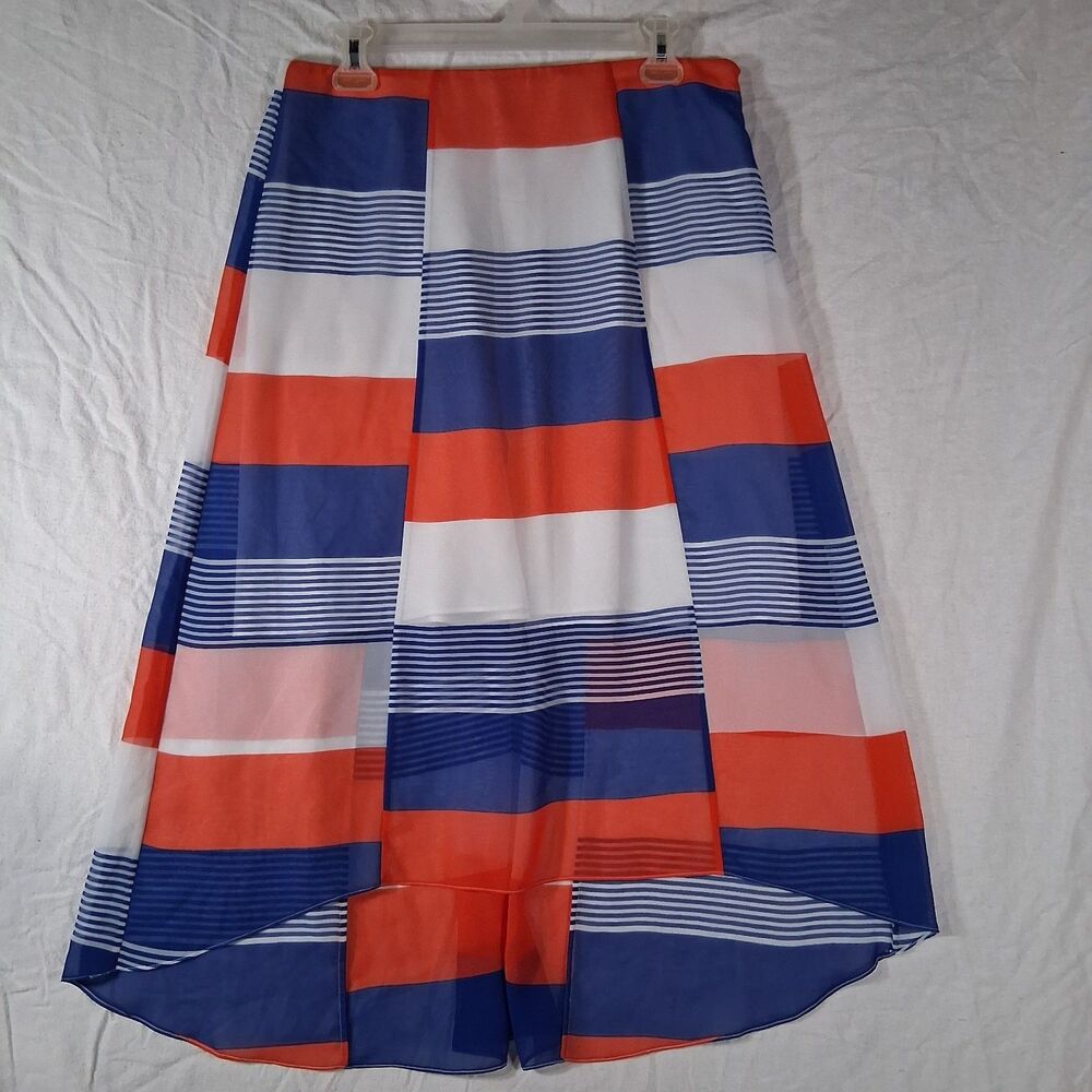Ann Taylor Skirt Sz 6 Red White Blue Striped High Low Hem Midi Lined NWT Chiffon - Picture 2 of 8